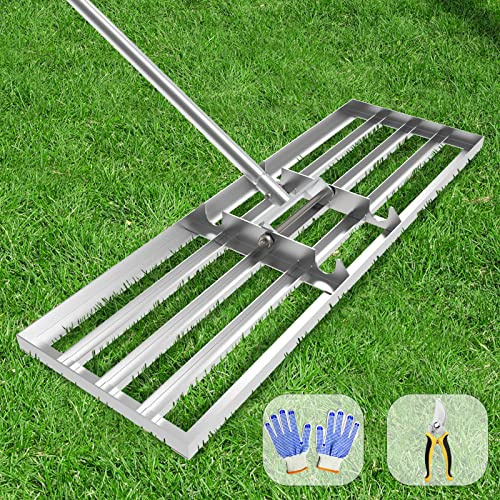 Dremmt - Rastrillo nivelador de césped, 76 x 25 cm, Grado Profesional, Herramienta con Mango de Acero Inoxidable de Alta Resistencia, para Patio, jardín, Campo de Golf, Granja, Pasto