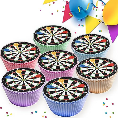 24 x DARTS DARTBOARD ARROWS EDIBLE ICING 4.5 cms CUPCAKE TOPPERS DECORATIONS - DART24