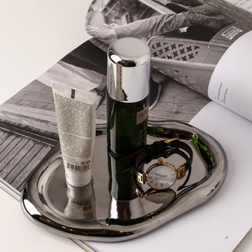 CHENDECOR Silver Tray Decorative Vanity Tray Bathroom Tray Jewelry Dish Ceramic Silver Round Plate Holder Makeup Tray Home Organizers Irregular Storage Plate Bathroom Organizer(Long)