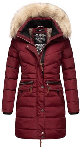 Navahoo Damen Wintermantel warmer Steppmantel lang mit abnehmbarer Kunstfell-Kapuze Paula Bordeaux Gr. XXL