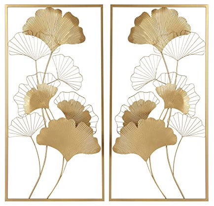 SABUIDDS 2 Stück Wanddeko Metall Gingko 50 x 99cm Wanddeko Wohnzimmer 3D Deko Gold Home Wall Art Dekoration für Zuhause, Büro, Schlafzimmer, Wohnzimmer & Hotelrestaurants, Deko-Objekt, Gold