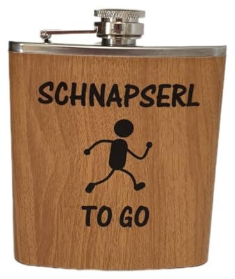 Edelstahl Flachmann 170ml in Holzoptik – Ideal für Unterwegs, Robust & Langlebig, Trinkflasche, Geschenkidee (Schnapserl to go)
