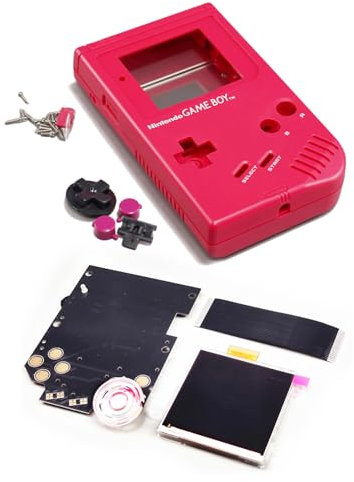 DIY GB IPS Display Lautsprecher Mod Kit + Red Special Housing Shells Replacement, für Gameboy Classic Handheld Konsole, Maßgeschneidertes großes Punkt-für-Punkt-Helligkeit-LCD-Bildschirm-Modul +