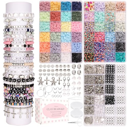 Pizooro Bracelet Making Kit 3 Boxes,Clay Beads for Jewelry Making,Silver Letter Bead with Cross Charm,Silver Earrings and Elastic String,Friendship Bracelet for Women,Birthday Gifts for Women Girls