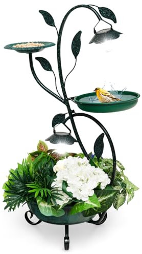 GYMAX 4-en-1 Mangeoire Oiseaux Sur Pied, Bain d'Oiseaux, Lumière Solaire, Socle de Jardinière, Abreuvoir Oiseaux Extérieur, Décoraton Vintage de Jardin, Cour