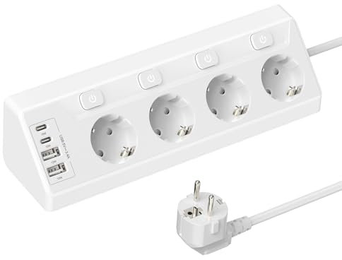 Ecksteckdose mit 2 Typ C und 2 USB A, 4 Fach Steckdosenleiste Einzeln Schaltbar Mehrfachsteckdose Wandmontage 2500W 16A Mehrfachstecker Küche Steckerleiste, 2M Kabel (Weiß)