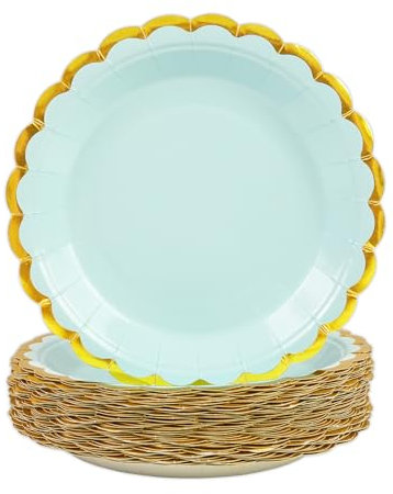 50 pièces Assiette Jetable Festonnées 23cm, Bleu Assiettes en Carton Vaisselle Jetable Anniversaire pour Barbecue Anniversaire Fête Douche de bébé Mariages (Or Bleu, 23cm)