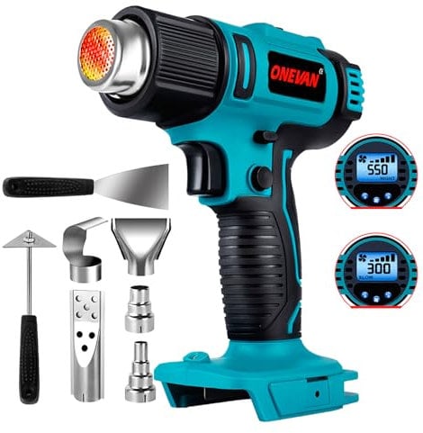 ONEVAN pistola de calor inalambrica, 50-550 ℃ pistola aire caliente para Makita 18V, pantalla LCD digital, decapador aire caliente a bateria incluye 5 boquillas y 2 raspadores (sin batería)