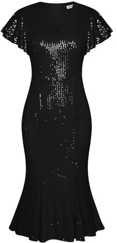 GRACE KARIN Cocktailkleid Damen Glitzer Kurzarm Rüschen Paillettenkleid Damen Elegant mit Gürtel Ballkleid Plisseekleid L Schwarz-1