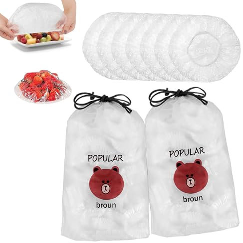 JNOUCS 200pcs Reusable Plastic Stretch Food Covers, Transparent, Airtight, Leak Resistant, Self Seal, Suitable for Fruit, Vegetable, Meat Storage, Universal Food Bags