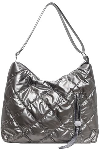 JANSBEN Puffer Schultertasche Damen Gesteppte Tasche mit Breiter Gurt Handtasche Baumwolle Winter Puffy Umhängetasche für Uni Arbeit Reisen Einkaufen,Silber