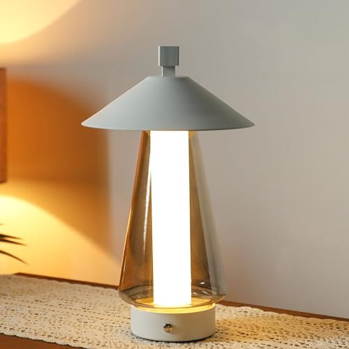 JHY DESIGN 3-Wege dimmbare Nachttischlampe 30cm hoch schirmförmig Touch Control Tischlampe mit grau eloxiertem Glas Lampenschirm für Schlafzimmer Wohnzimmer drinnen draußen