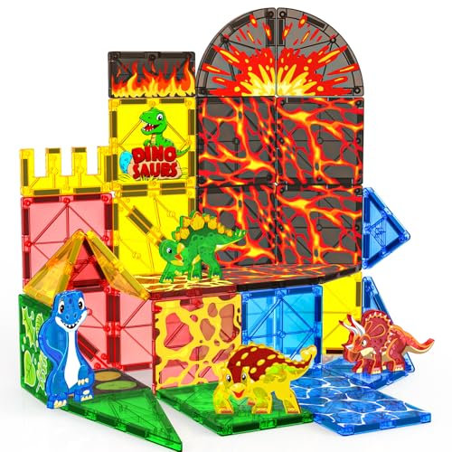 Magnetic Tiles Dinosaur Toys Magnet Tiles for Kids Ages 3-5 4-8 5-7, DINO-LAVA World Magnetic Building Blocks Montessori Educational Toys 3+ Year Old Boys Girls Toddlers Christmas Birthday Gifts 48PCS