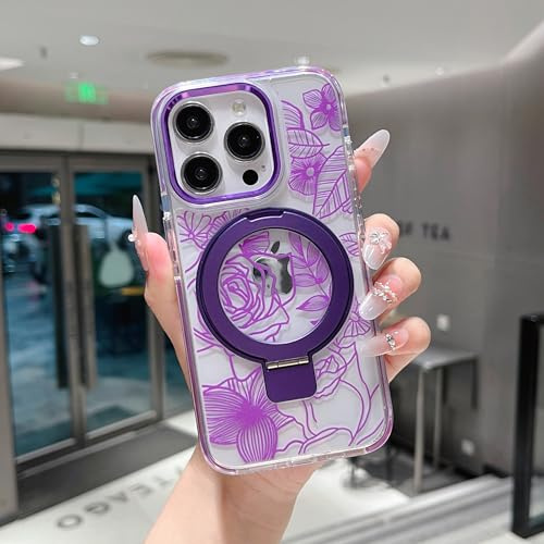 XIZYO Rose Case for iPhone 14 Pro Max with Magnetic Ring Stand, Purple | Compatible with MagSafe, Cute Aesthetic Rose Flower Floral Pattern, Clear Transparent Cover, Kickstand Function,Girly Design