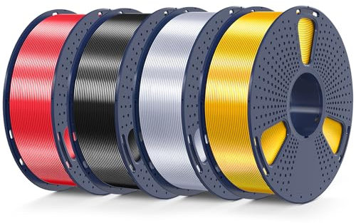 SUNLU 4kg Silk PLA PLUS Filament, Glänzendes SILK PLA+ Filament 1,75 mm, glatte, Seidige Oberfläche, Maßgenauigkeit +/- 0,02 mm, 1 kg pro Spule, 4 Rollen, silk Helles Gold+Silber+Schwarz+Rot