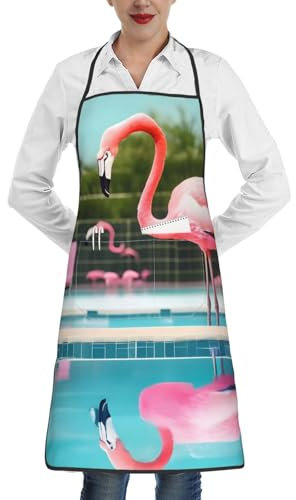 CHUNMINW Delantal estampado de flamencos y piscinas con bolsillos grandes para adultos, delantal de cocina, cocina, jardinería, para mujer, Blanco, talla única