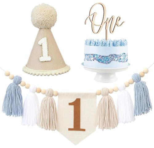 GlamRays Säugling Junge Erstes Geburtstagsparty Dekorationen Blauer Hochstuhl Banner 1. Geburtstag Krone Kuchenaufsätze 1. Geburtstag Dekoration Khaki