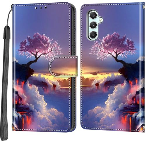 Handyhülle für Samsung Galaxy A34 5G Hülle, Magnetische Stoßfeste Flip Leder Schutzhülle Klapphülle, rosa Baum