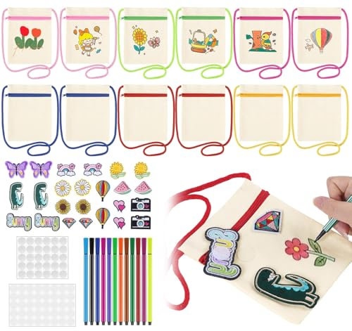 BLISSIQUEE Fabric Bags for Painting Set,12 Canvas Bags & 12 Colour Fabric Pens for Cothes, DIY Craft Bag, Plain Tote Bag to Decorate,Girls Handbag for Craft Gifts, Children's Birthday School, Trave