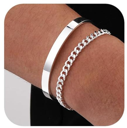 COYUN 2 Pcs Silber Armbänder für Herren Edelstahl Armbänder Kubanisches Gliederseil Figaro Kette Kettenarmband Armband Set für Herren Damen Schmuck Geschenk für Männer ihn Vater Freund Ehemann