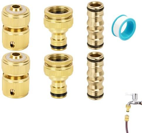 6 Pack Brass Garden Hose Tap Connector Kit, Brass Garden Hose Quick Connector 2 Double Male 2 Hose Tap Connectors 1/2'' & 3/4'' 2-in-1 Faucet Adapter 2 Hose End Connectors 1 Plumber Tape
