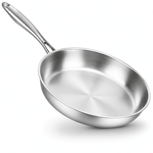 Nontoxicook Professional 26cm Uncoated Tri-Ply Stainless Steel Frying Pan | Versatile Skillet for Fast, Even Heating, Oven Safe to 315°C and Suitable for All Hobs Including Induction
