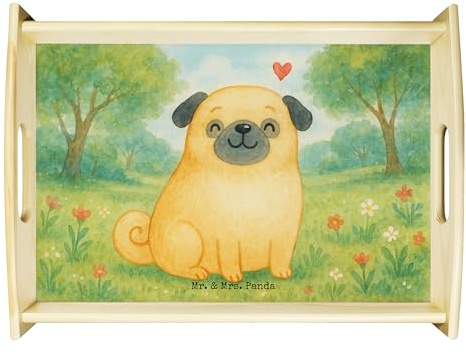 Mr. & Mrs. Panda tablett aus Holz Mops Design - Geschenk, Hundeliebe, Hund, Deko, sofatablett, Servierplatte, Servier, Holztablett, Knuffig, Liebe, Sprüche