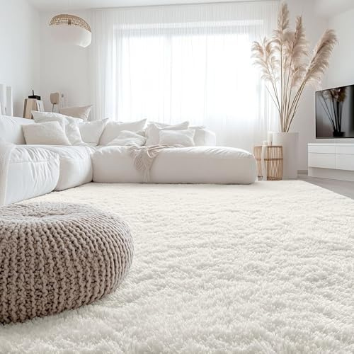 ANJIAJIE Flauschig Hochflor Teppich 250 x 350 cm Hochflor Langflor Weich Modern Unifarben Flauschig Shaggy Flauschiger Teppich für Schlafzimmer Küche Geeignet, Weiß