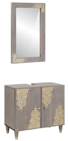 KTHLBRH Badezimmermöbel-Set aus Massivholz, Griff mit flachem Spiegel und glatten Türen, rechteckiges Design und rustikaler Stil, Waschtisch- und Spiegelschrank mit Stauraum