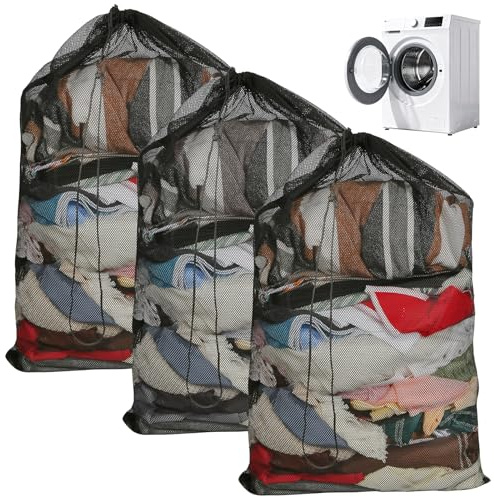 3 Stück Waschmaschine Wäschesack 60 x 90 cm Wäschebeutel mit Kordelstopper | XXL Feinmaschige Groß Wäschesäcke für Kleidung, Bettbezüge, Spielzeugaufbewahrung, Reisen, Wohnheim (Schwarz)