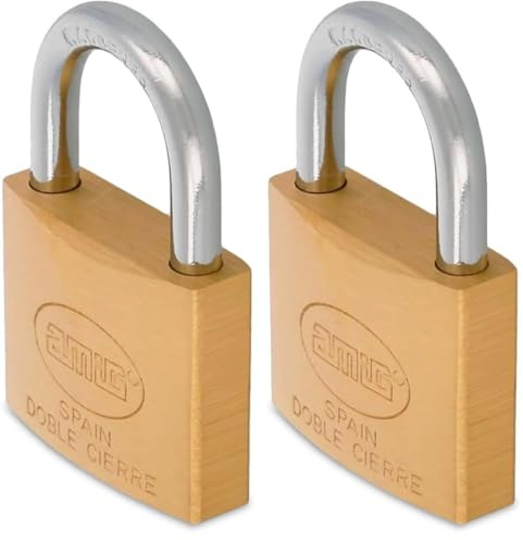 AMIG - Candado de Seguridad - Incluye 2 Llaves - Ideal para Taquillas y Maletas - Arco de Acero Tratado - 60 mm - Latón Mate (Paquete de 2)