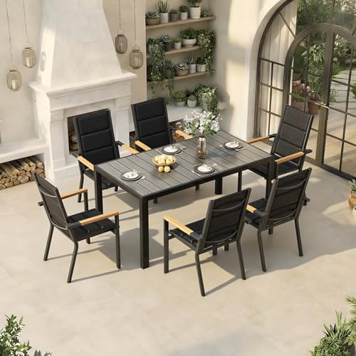 TRIUMPHKEY Gartenmöbel Set 6 Personen, Balkonmöbel mit Aluminium, 6 Stapelstühle mit Holzmaserung und 1 150 cm PS Gartentisch, Terassenmöbel Außen, Dunkelgrau