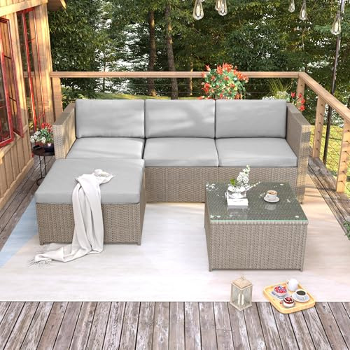 Sapgaks - Salón de jardín al aire libre de ratán y mesa de jardín al aire libre con silla, sofá de salón esquinero de 4 plazas, salón de jardín con cojines y mesa de cristal, para terraza y balcón