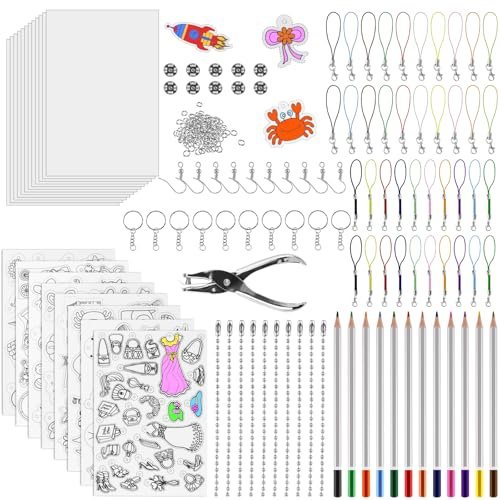 Foymlon 213 PCS Feuille Plastique Fou Kit, Incluent A4 Plastique Fou Transparent, Papier Fou avec Motif, Kit Porte Clef a Fabriquer, Perforateur Porte, Crayons pour Garçons et Gilles