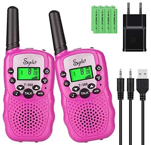 Sigdio Walkie Talkie Bambini con Batterie Ricaricabili e Caricabatterie Ricetrasmittente per Bambini e Adulti Walkie Talkie Giocattolo Torcia VOX 8 Canali 0,5 W (Rosa-1)