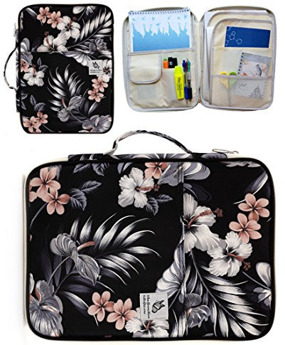 Uniuooi Portable A4 Documents Case Bag- Multi-Functional Travel Documents Bag Passport Holder Office Briefcase Files Portfolio Tickets Organizer for iPad, iPhone,Pens, Diary, Leaflets(White Hibiscus)