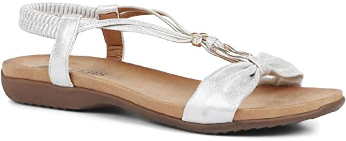 Pavers Ladies Sandals - Wider D/E Fit Summer Sandals with Four Leaf Clover Design & Stretch Fit Ankle Strap - Casual Footwear for Women - Size 5/38 White Silver