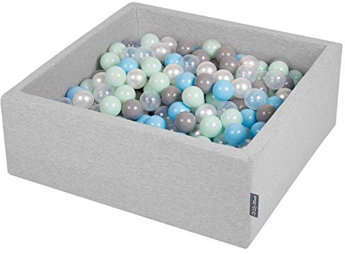 KiddyMoon Bällebad 90X30cm/200 Bälle ∅ 7Cm Bällepool Mit Bunten Bällen Für Babys Kinder Quadrat, Hellgrau:Perle/Grau/Transparent/Baby Blau/Mint