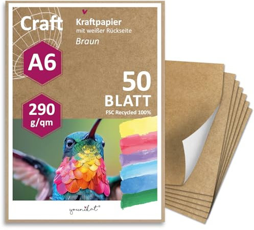 Kraftpapier I Rückseite weiß beschichtet I DIN A6 290g/m² I 50 Blatt I DIY Karton individuell gestaltbar I Verpackungen Bastel-Papier Blanko ohne Motiv und Ökologisch I dv813