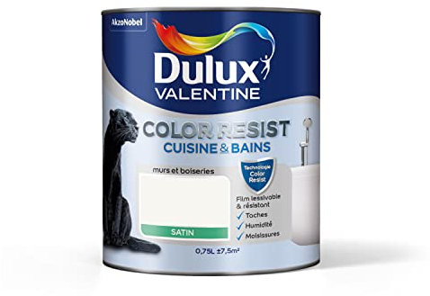 Dulux Valentine Color Resist - Peinture Intérieure Pièces Humides - Pour Murs, Plafonds, Boiseries - Lessivable et Résistante - Couleur : Blanc Satin - 0,75 L - 5262216