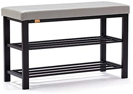 HNNHOME Canopus Shoe Bench,3-tier Shoe Rack Shelf Organiser with Padded Cushion Seat, Steel Frame, for Entryway, Hallway Living Room Industrial Accent Furniture 81x32xH50cm (Light Grey, Faux Leather)