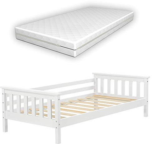 [en.casa] Kinderbett Nuuk mit Komfort-Matratze 80x160 cm Jugendbett mit Stauraum und Lattenrost Kojenbett Kiefernholz Sperrholz Weiß