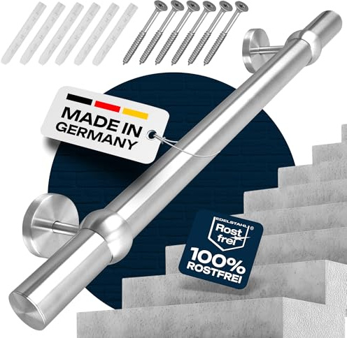 Buchetmann2 Handlauf Edelstahl Wandhandlauf Brüstung Kugelring 500 mm | V2A 1.4301 rostfrei, gebürstet, Ø 42,4 mm, für Treppe innen und außen, Halter und Schrauben inklusive, Made in Germany