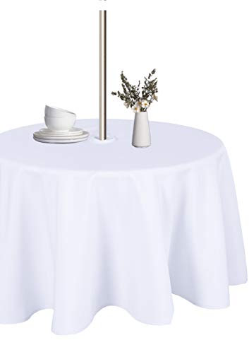 LUSHVIDA Tischdecke für den Innen- und Außenbereich, waschbar, wasserdicht, knitterfrei, mit Reißverschluss und Schirmloch für Frühling, Sommer, Party, Picknick, Grillen, Terrasse, 152.4 cm, Weiß