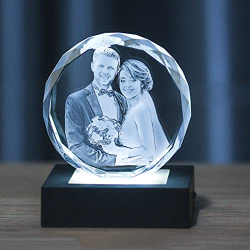 AJLDN 3D Cristal Photo, Personalizada Foto de Cristal 3D con Base LED para el día de la Madre, Aniversario, escarda, cumpleaños,Round