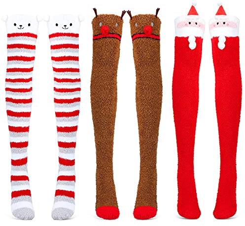 Qpout 3 Pairs Christmas Over Knee High Socks,Thermal Fleece Leg Warmers,Reindeer Santa Claus Bear Fuzzy Socks,Fluffy Warm Lounge Socks Cute Home Socks for Winter,Xmas Gift