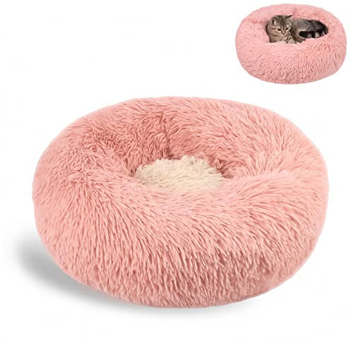Nyescasa Katzenbett Rund Donut Hundebett Kissen Fluffy Plüsch Haustier Bett Weich Warm wasserdicht rutschfest waschbar Cuddler Nest für Kleine, Mittelgroße und Große Hunde, Katzen(M 50cm Ø, Rosa)