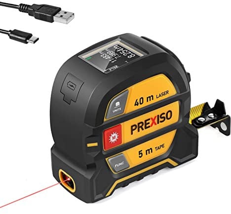 PREXISO Laser Entfernungsmesser 40m, Digitales, mit LCD Hintergrundbeleuchtung M/In/Ft, Wiederaufladbares Messgerät & 5m Maßband, Pythagoras/Abstand/Fläche/Volumen Messung