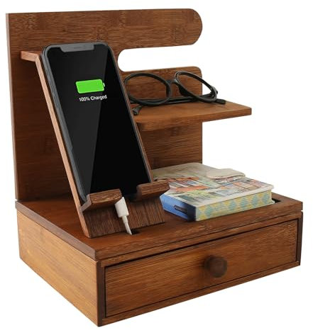 GUUSII HOME Telefon Dockingstation Holz Nachttisch Organizer Bambus mit Schublade Home & Office Multifunktions-Brieftaschenständer Brillen-Uhrenhalter