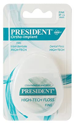 President FILO INTERDENTALE HIGH TECH FINE con Clorexidina e Menta. Per Portatori di Apparecchi Ortodontici, Ponti Fissi e Impianti. Rimuove la Placca Batterica. 50 metri